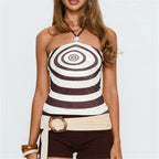 VacationGrabs Women Y2K Spiral Print Halter Top Backless Sleeveless Crop Top Summer Retro Aesthetic Slim Fit Party Clubwear Streetwear