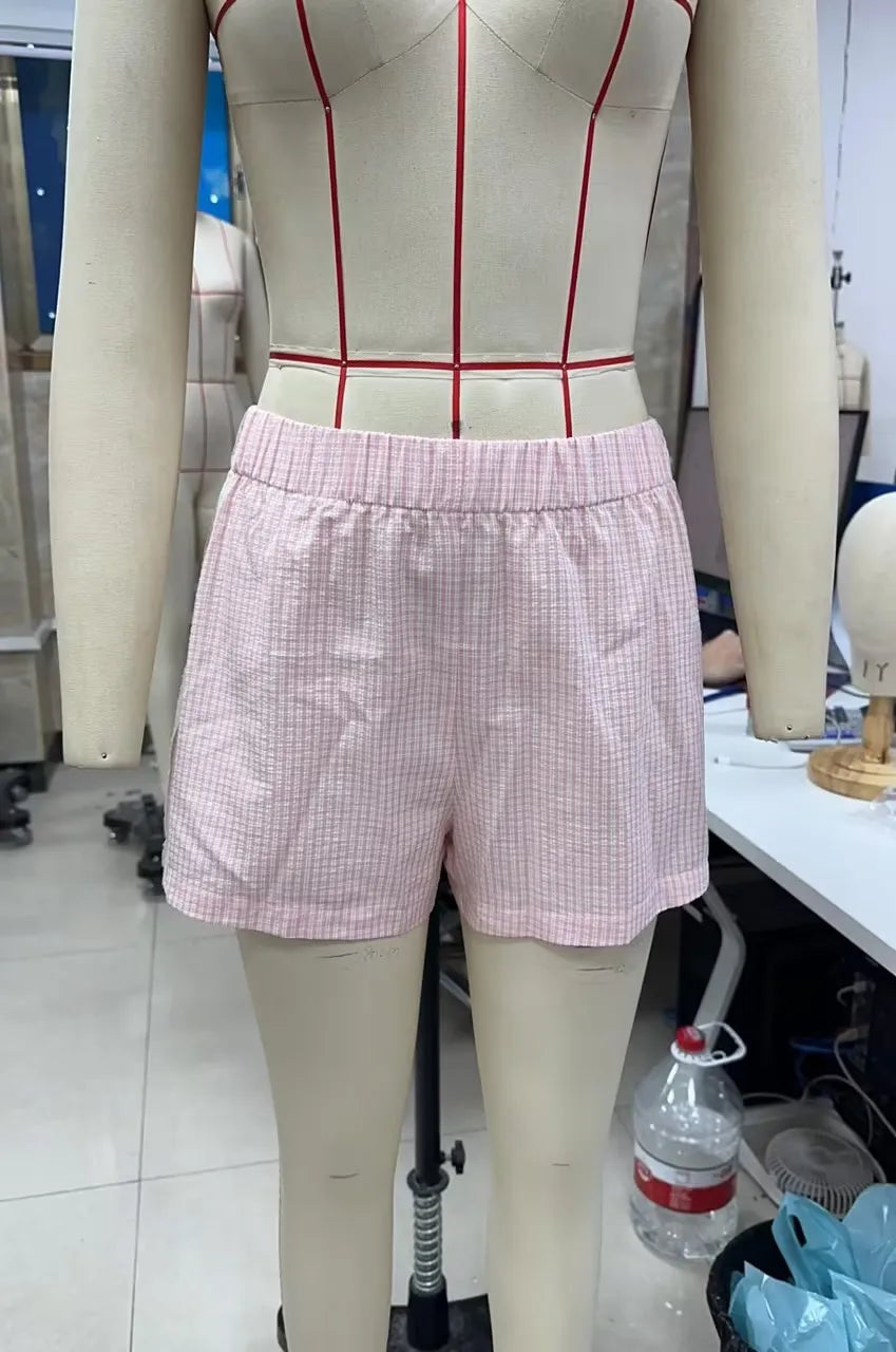 VacationGrabs Cute Women Plaid Sleep Shorts Elastic Waist Side Lace Trim Loose Casual Short Pants Summer Holiday Beach Lounge Wear