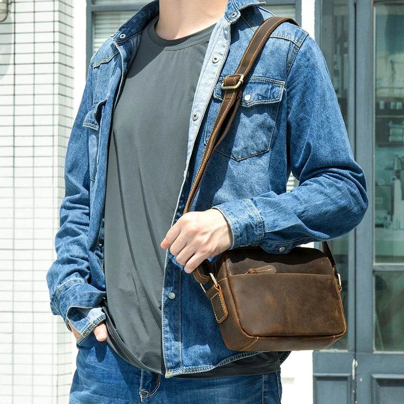Men's Crazy Horse Leather Crossbody Bag – Retro Messenger Sling - VacationGrabs