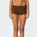 VacationGrabs Y2K Faux Suede Lace Up Mini Shorts for Women Low Rise Drawstring Waist Side Lace Up Hot Pants Casual Summer Rave Party
