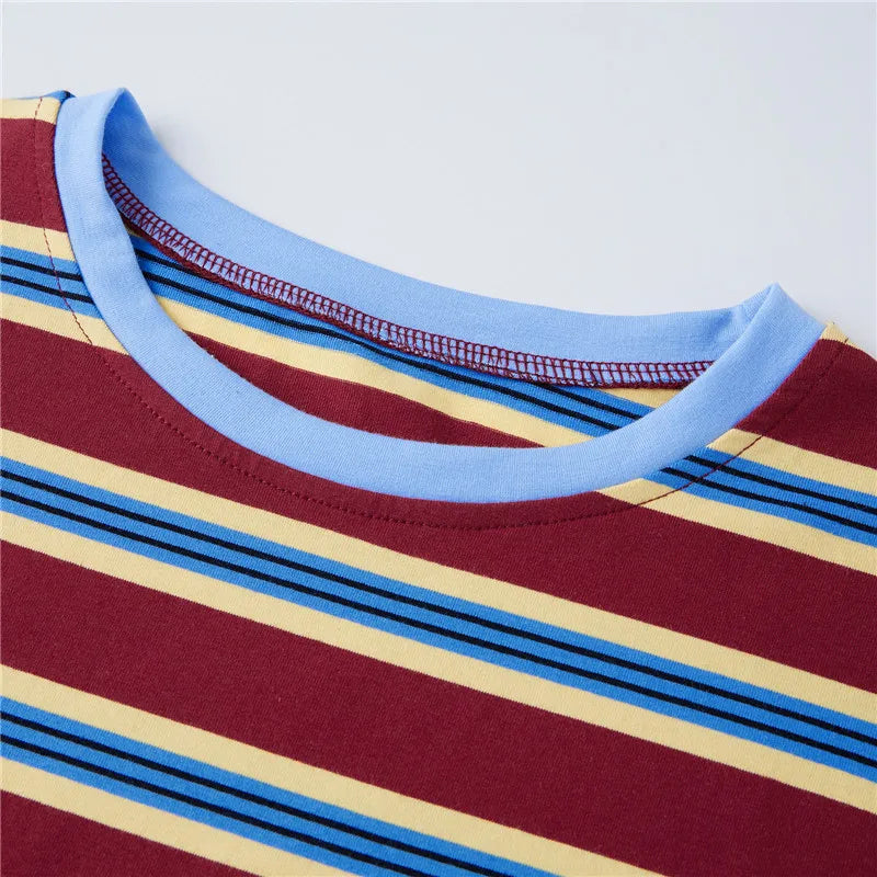 VacationGrabs Striped Two Piece Outfit Women Contrast Trim Oversized Short Sleeve Tee And Elastic Waist Shorts Casual Loungewear Set