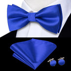 Blue bow tie silk set with matching pocket square and cufflinks