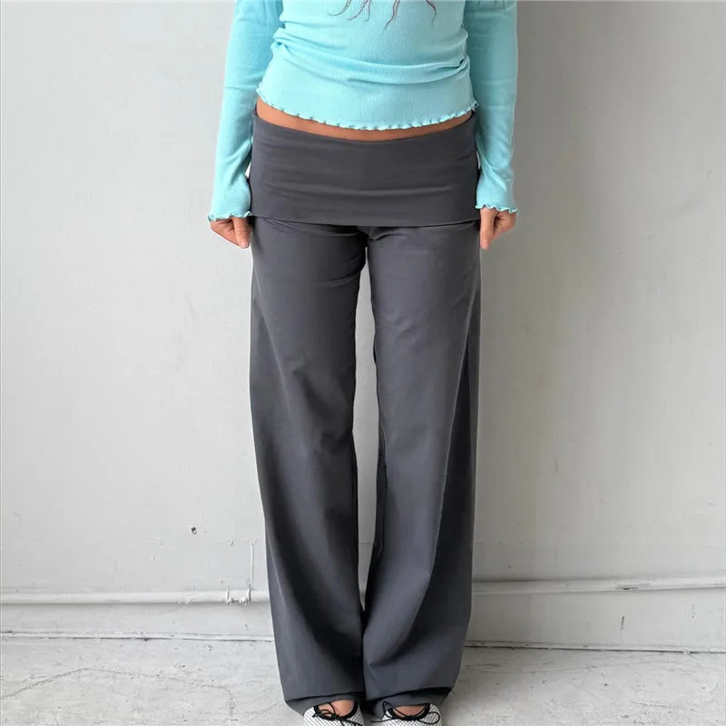 VacationGrabs Women Wide Leg Pants Solid Fold Over Waist Casual Trousers Spring Fall Straight Leg Sweatpants Bottoms Y2K Streetwear