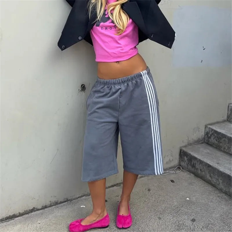 VacationGrabs Elastic Drawstring Waist Side Stripes Cropped Seven Pants Women Loose Wide Leg Sweat Jogger Casual Street Bottoms