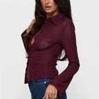 VacationGrabs Women Y2k Vintage Striped Slim Fitted Shirt Coquette Long Sleeve Button Down Collared Tee Basic Office Work Blouse