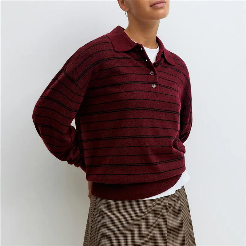 VacationGrabs Women Knit Oversized Striped Sweater Tops Winter Warm Long Sleeve Turn-down Collar Loose Fit Tops Y2K Streetwear