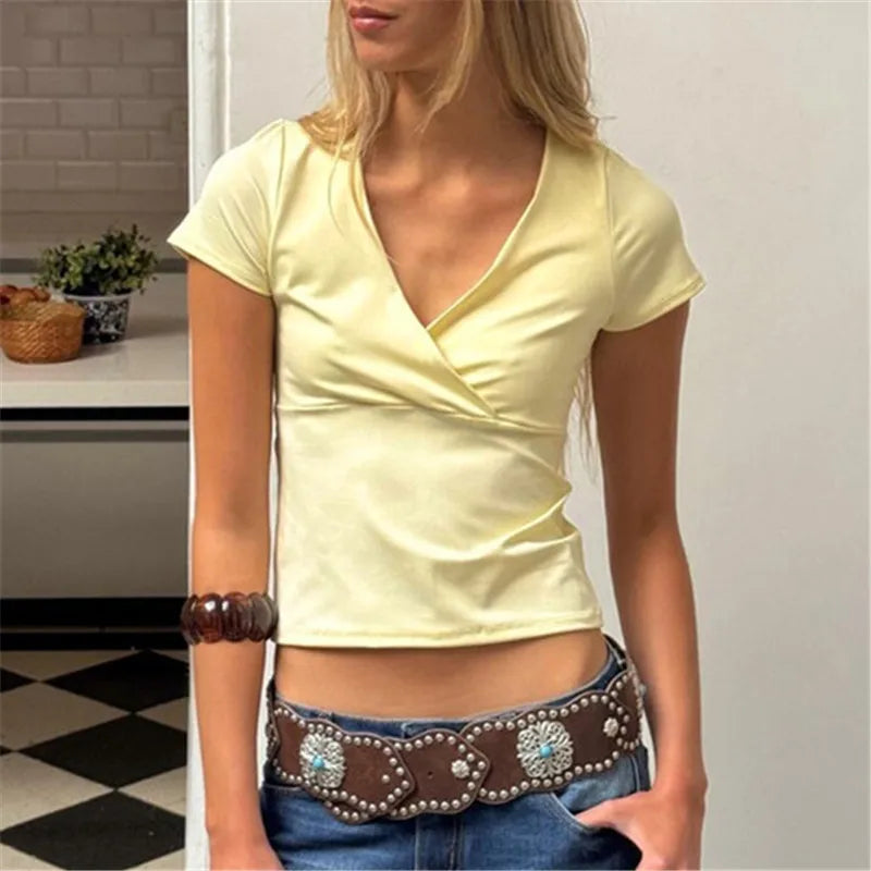VacationGrabs Solid Color Wrap V Neck Short Sleeve Crop T Shirt Women Stretchy Slim Waist Ruched Cropped Top Casual Summer Basic Tee