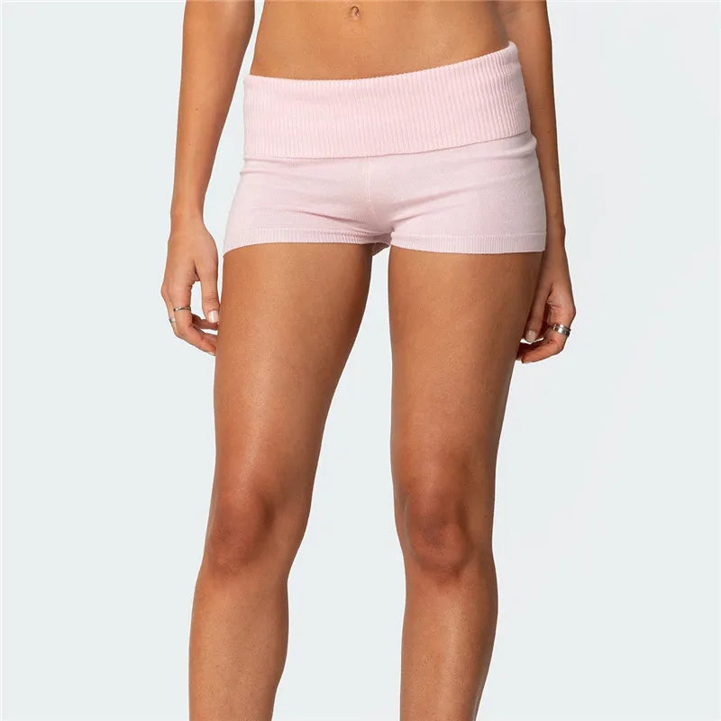 VacationGrabs Women Summer Knit Shorts Casual Solid Color Fold Over Elastic Waist Short Pants for Vacation Beach Club Streetwear