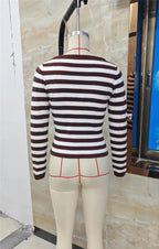 VacationGrabs Ladies Striped Ribbed Knit Crop Top Boat Neck Long Sleeve Form Fitting Slim Fit Casual Streetwear Fall Winter Daily Wear