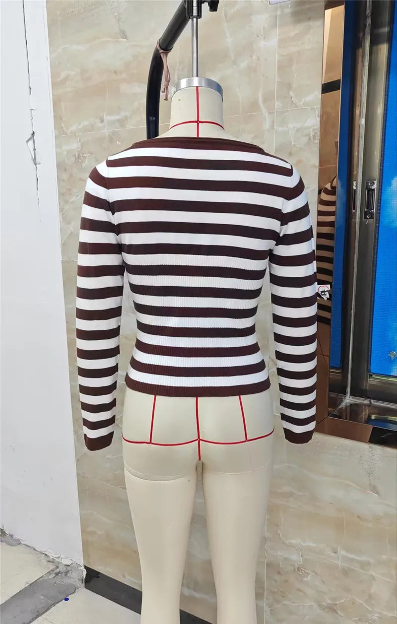 VacationGrabs Ladies Striped Ribbed Knit Crop Top Boat Neck Long Sleeve Form Fitting Slim Fit Casual Streetwear Fall Winter Daily Wear