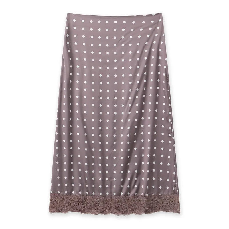 VacationGrabs Women Elegant Lace Satin Spliced Midi Skirts Sexy Dots Print High Waist Retro Casual Straight Midi Skirts Y2K Streetwear