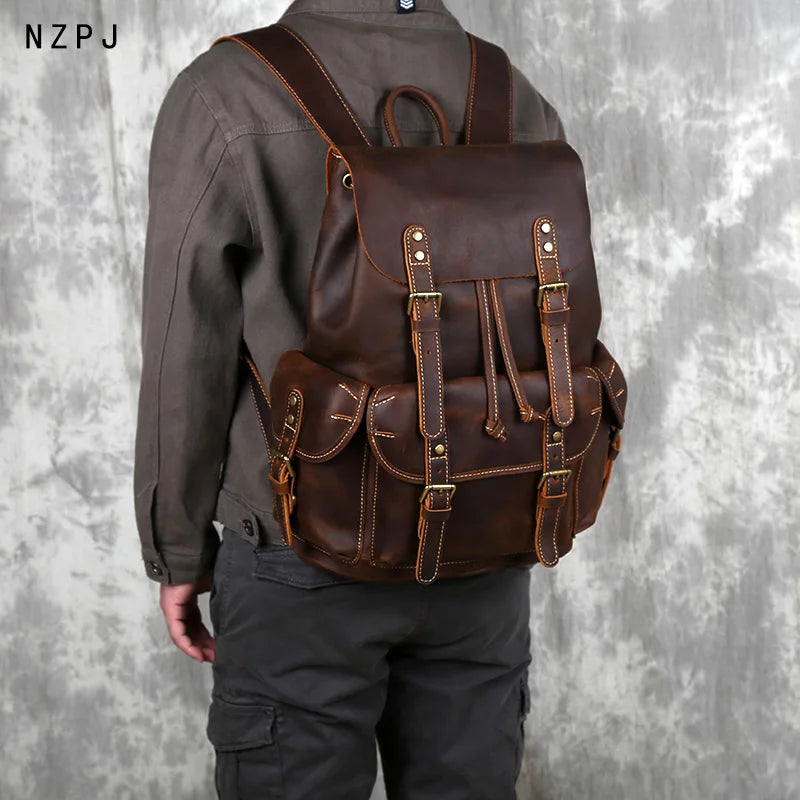 Men's Leather Travel Backpack, Cowhide with Laptop Sleeve