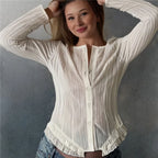 VacationGrabs Elegant Women's Autumn Spring Striped Tops Long Sleeve Round Neck Ruffle Trim Hem Casual Button Up Shirts Blouse