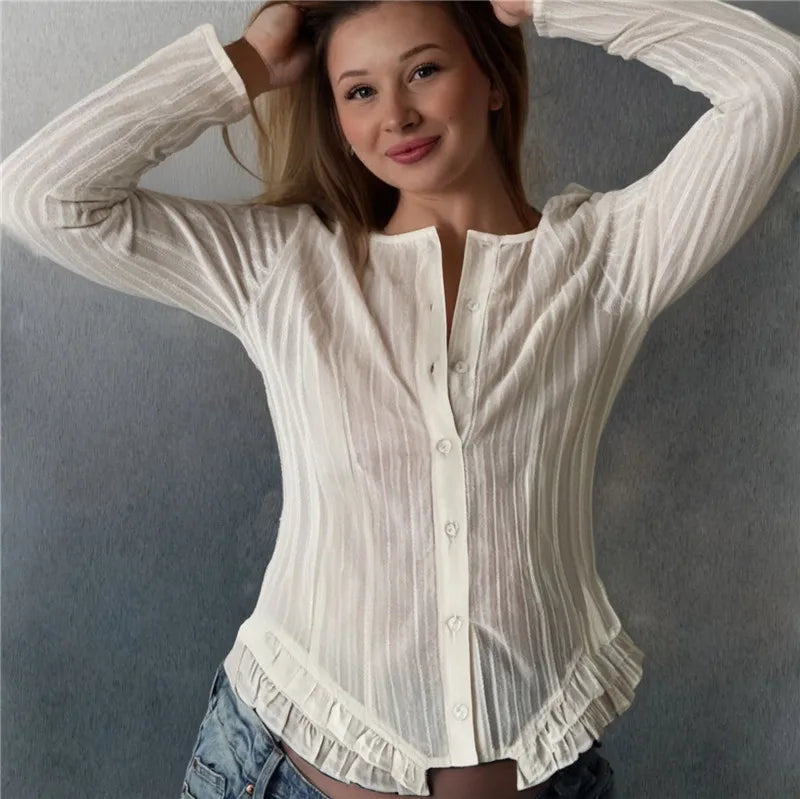 VacationGrabs Elegant Women's Autumn Spring Striped Tops Long Sleeve Round Neck Ruffle Trim Hem Casual Button Up Shirts Blouse