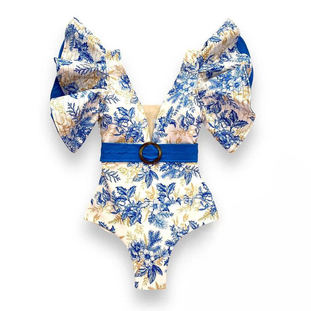 Women's Ruffle Sleeve Deep-V Bathing Suit - VacationGrabs