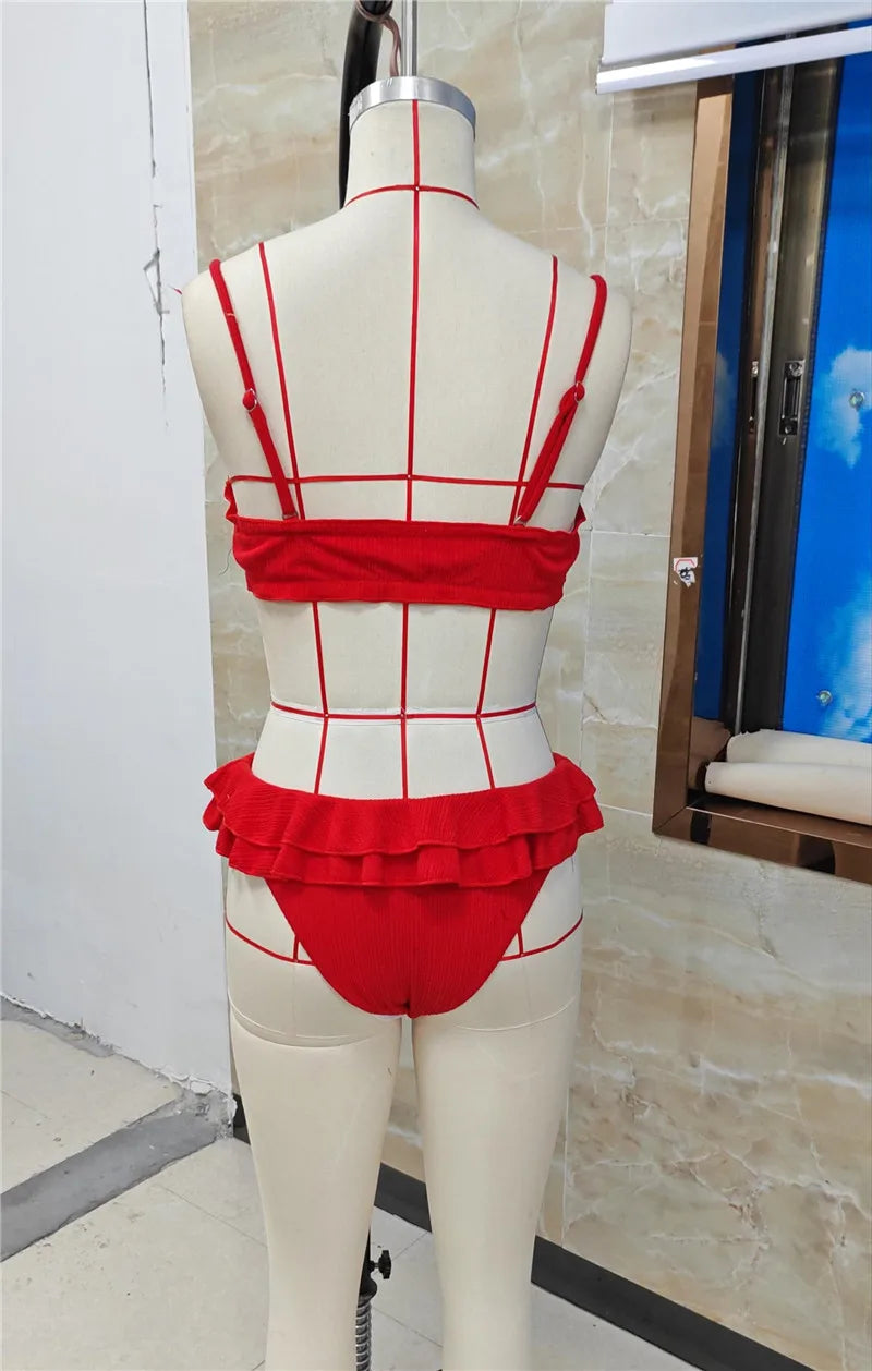 VacationGrabs Women's Summer Bikini Set Fashionable Ruffle Spaghetti Strap Bra with Tiered Thong 2Pcs Bathing Suit