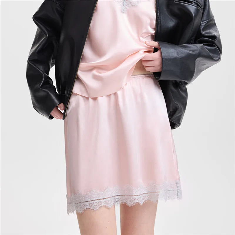 VacationGrabs Summer French Women Satin Pajama Skirts Bottoms Lace Trim Silk Lounge Skirts High Elastic Waist Y2K Vintage Streetwear