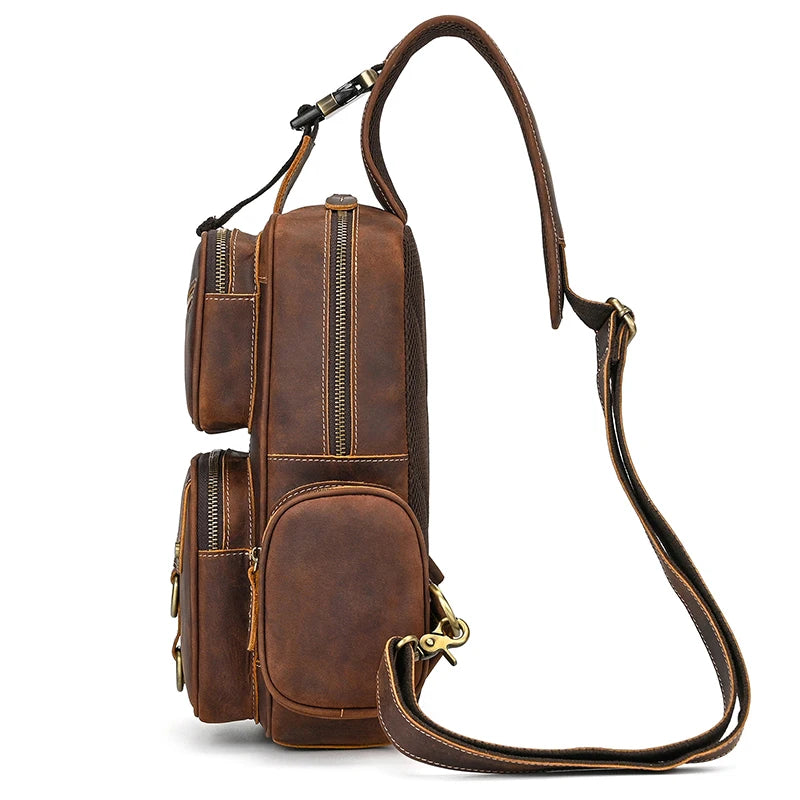 Retro leather big chest bag male head layer leather cross-body bag large capacity outdoor riding bag crazy horse leather