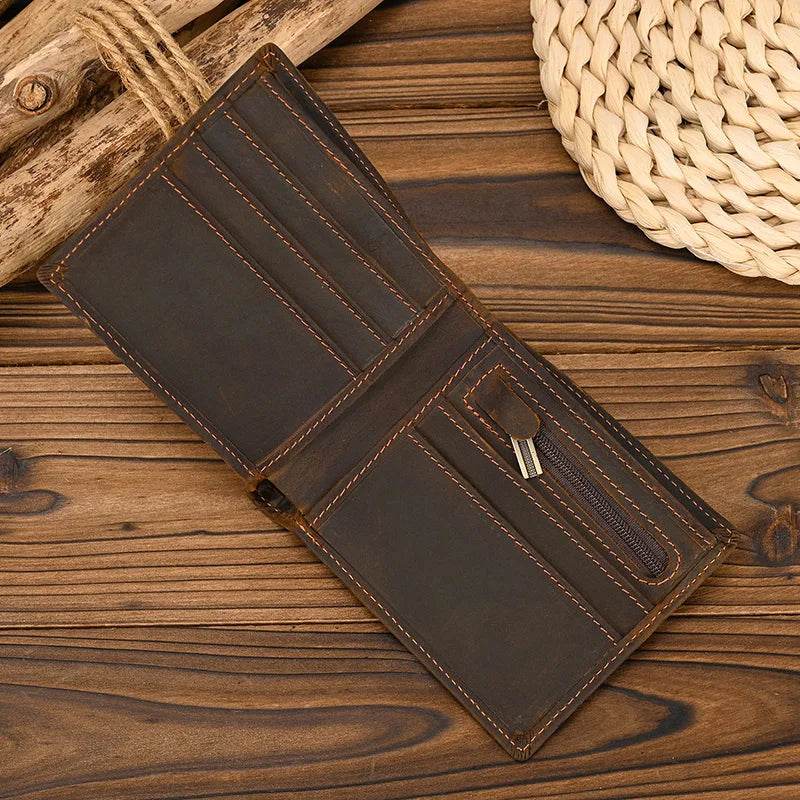 Crazy Horse Leather Short Wallet for Men Vintage Coin Card Holder - VacationGrabs