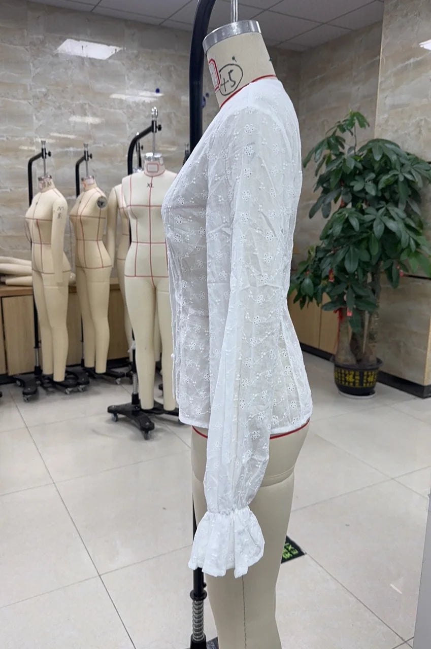VacationGrabs Women's Fall Button Up Blouse Casual Loose Fit Stylish Embroidered Solid Color Eyelet V Neck Long Sleeve Tops
