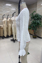 VacationGrabs Women's Fall Button Up Blouse Casual Loose Fit Stylish Embroidered Solid Color Eyelet V Neck Long Sleeve Tops