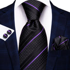 Black and purple striped mens tie, perfect for formal occasions, how to tie mens tie