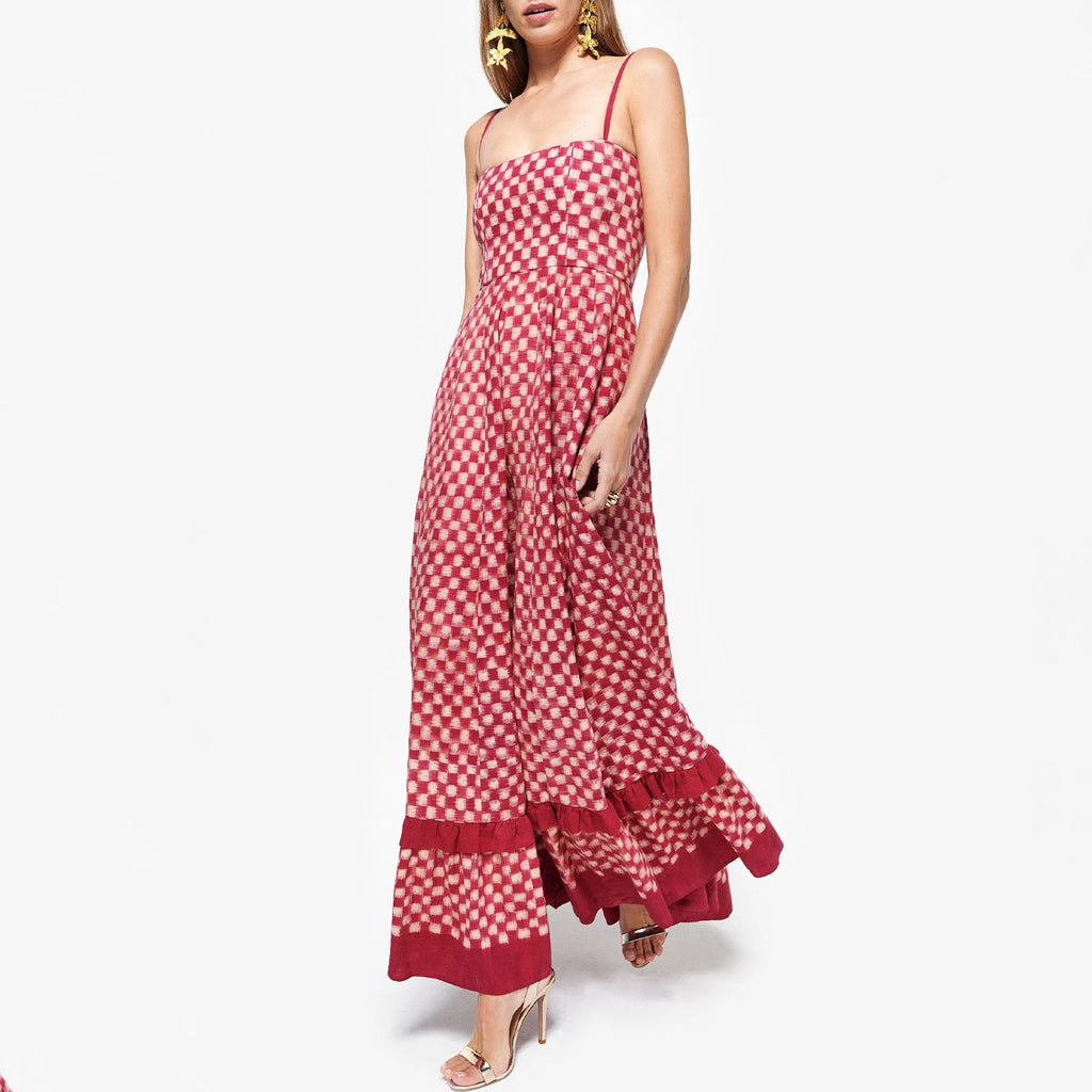 Summer Women's Long Beach Dress Sleeveless Spaghetti Strap Checkerboard Print Flowy Dress Midi Slip Dress for Holiday Beach