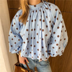 VacationGrabs Y2K Women Polka Dot Blouse Puff Long Sleeve Stand Collar Shirt Back Bow Tie Loose Cropped Top Fall Casual Backless Shirt