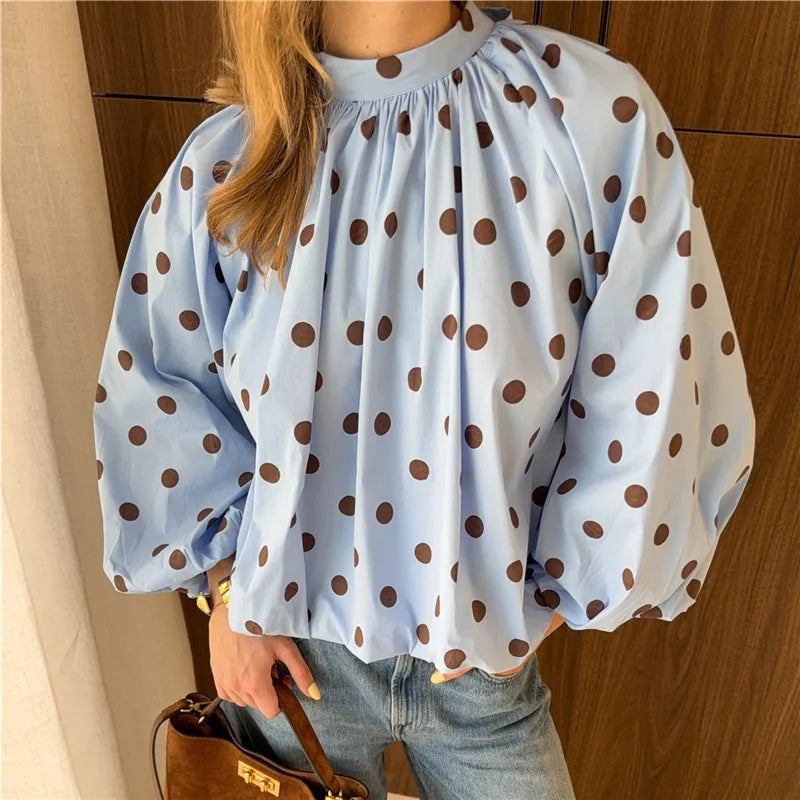 VacationGrabs Y2K Women Polka Dot Blouse Puff Long Sleeve Stand Collar Shirt Back Bow Tie Loose Cropped Top Fall Casual Backless Shirt