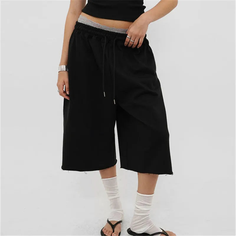 VacationGrabs Ladies Raw Edge Bermuda Sweat Pants Elastic Drawstring Waist Loose Wide Leg Casual Knee Length Capri Jogger Trousers