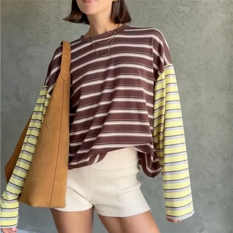 VacationGrabs Women Patchwork Striped Long Sleeve T‑Shirt Crew Neck Oversized Drop Shoulder Cropped Loose Casual Street Top