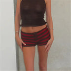 VacationGrabs Drawstring Knit Crochet Shorts Women Summer Low Waist Stripes Print Booty Shorts Grunge Stretchy Shorts HolidayBeachwear