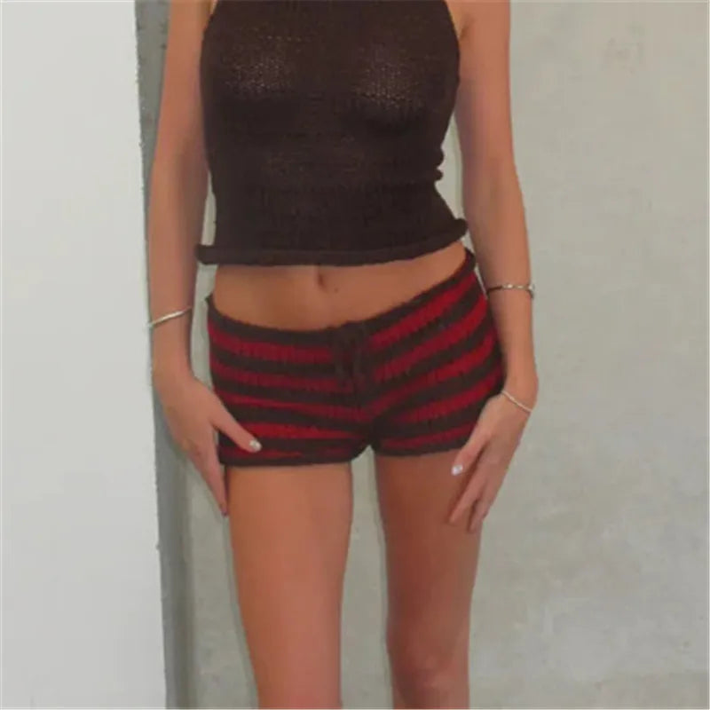 VacationGrabs Drawstring Knit Crochet Shorts Women Summer Low Waist Stripes Print Booty Shorts Grunge Stretchy Shorts HolidayBeachwear