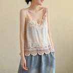 Women V Neck Camisole Loose Fit Hollowed Flower Embroidered Spaghetti Strap Cotton Linen Tops Casual Summer Streetwear