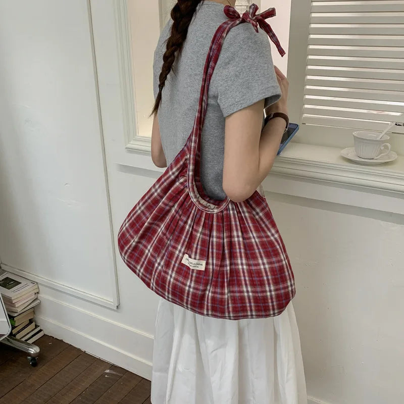 Women's Plaid Pleated Polyester Shoulder Bag, Casual Travel