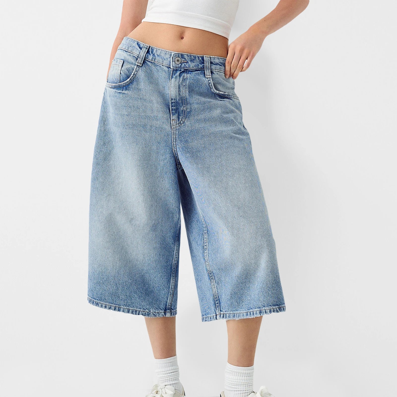 VacationGrabs Women Long Baggy Jean Shorts Y2k Vintage Straight Leg Casual Knee Length Denim Bermuda Shorts Jorts with Pockets