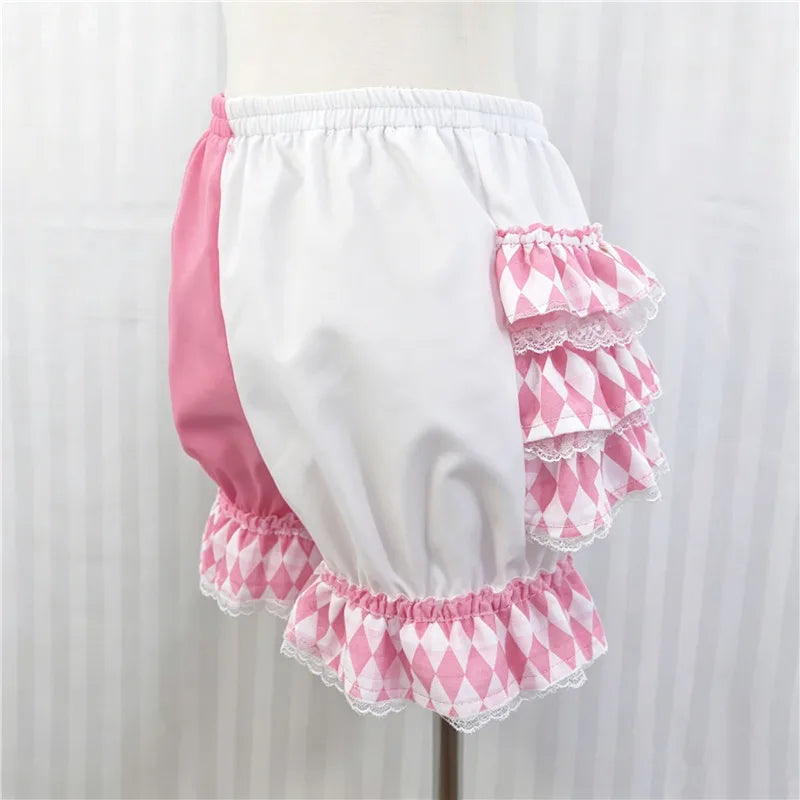 VacationGrabs Lolita Women Bloomers Shorts Color Block Patchwork Ruffle Lace Elastic Waist Pumpkin Pantalettes Sweet Cosplay Bottoms