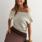 VacationGrabs Off Shoulder Short Sleeve Knit T-Shirt Women Casual Loose Elegant Female Solid Sexy Knit Pullover Top Tees Outerwear