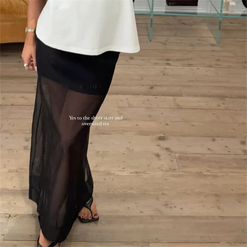VacationGrabs Women Minimalist Sheer Mesh Layering Midi Skirt Transparent See-Through Trimmed Hem Versatile Overlay Skirt CasualOffice