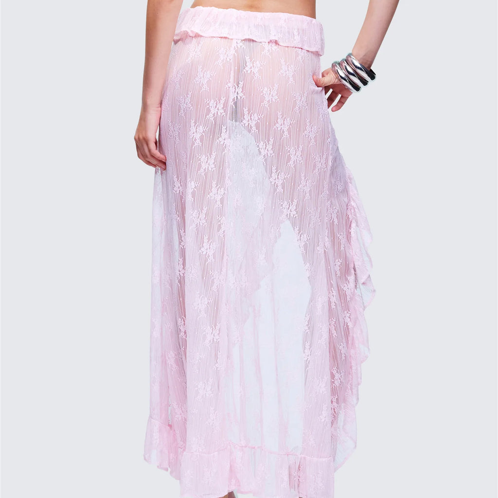 VacationGrabs Women Asymmetrical Lace Flowy Skirt Vintage Long Skirts High Waist Ruffle Midi Aesthetic Ladies See Through Beach Skirts