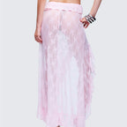 VacationGrabs Women Asymmetrical Lace Flowy Skirt Vintage Long Skirts High Waist Ruffle Midi Aesthetic Ladies See Through Beach Skirts