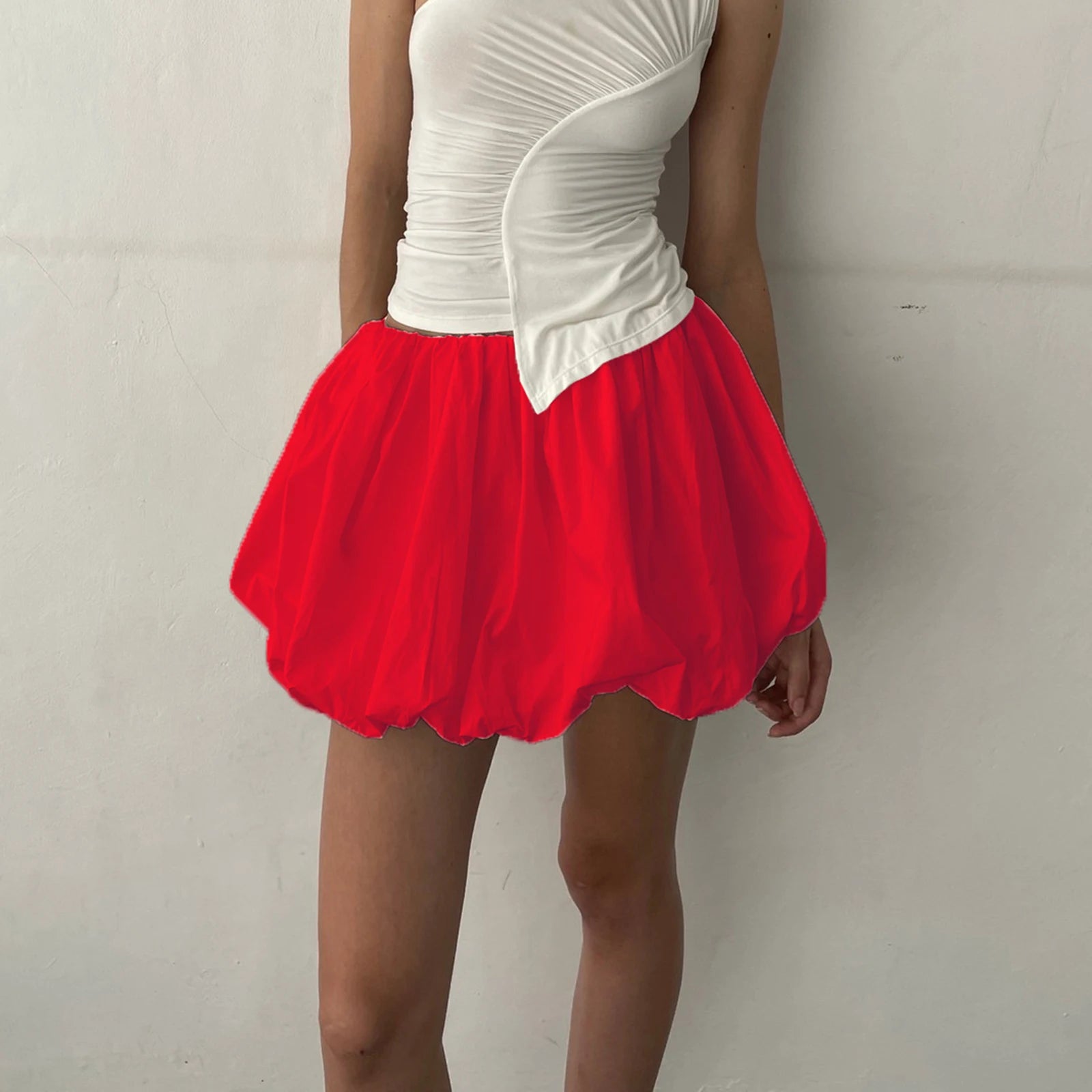 VacationGrabs Women Y2K Bubble Skirt Elastic Waist Pleated Ruffle Hem A Line Mini Skirt Girls Cute Short Puffy Balloon Skirt