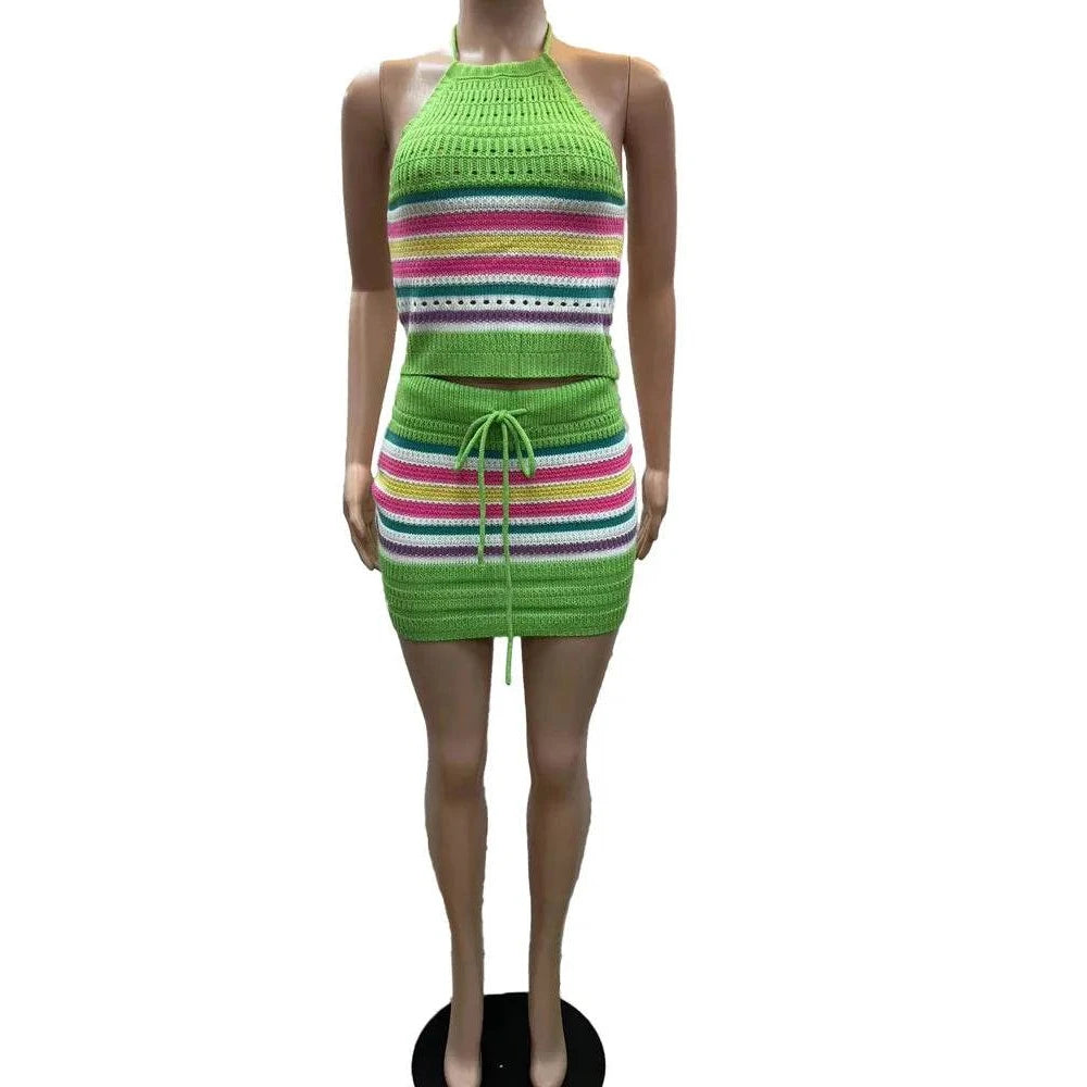 Two Piece Womens Halter Crop Top + Matching Skirt Set - VacationGrabs