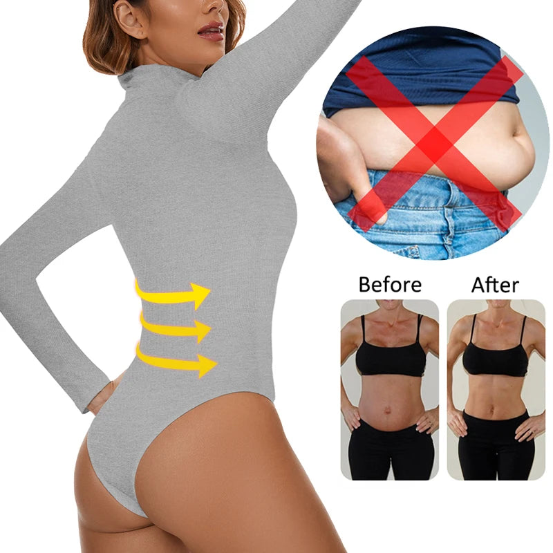Women's High Collar Thermal Bodysuit, Long Sleeve Compression Top