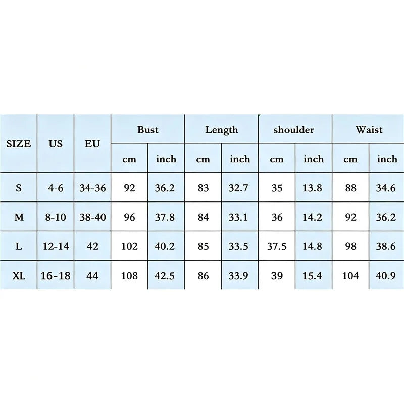 A size measurement chart showing conversions from US to EU sizes and measurements in centimeters and inches for bust, length, shoulder, and waist across S, M, L, and XL.