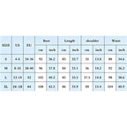 A size measurement chart showing conversions from US to EU sizes and measurements in centimeters and inches for bust, length, shoulder, and waist across S, M, L, and XL.