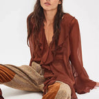 VacationGrabs Women Sheer Lace Ruffled Flowy Tops Chiffon Frilly Layered Bell Sleeve Pirate Top Sexy See Through Blouse Mesh Shirt
