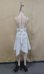 VacationGrabs Crochet Lace Two Piece Set Women Halter Crop Top Asymmetrical Midi Skirt Hollow Out Boho Beach Vacation Matching Outfit