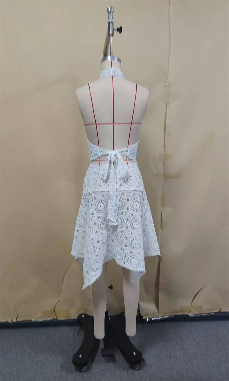 VacationGrabs Crochet Lace Two Piece Set Women Halter Crop Top Asymmetrical Midi Skirt Hollow Out Boho Beach Vacation Matching Outfit