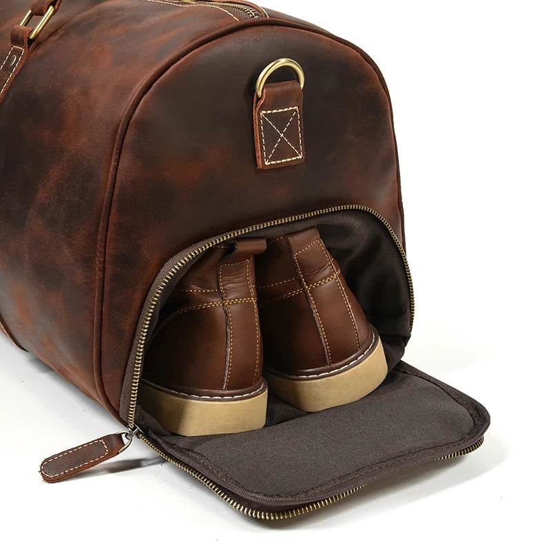 Vintage Leather Travel Duffle Bag With Shoe Pocket Weekend Bag - VacationGrabs